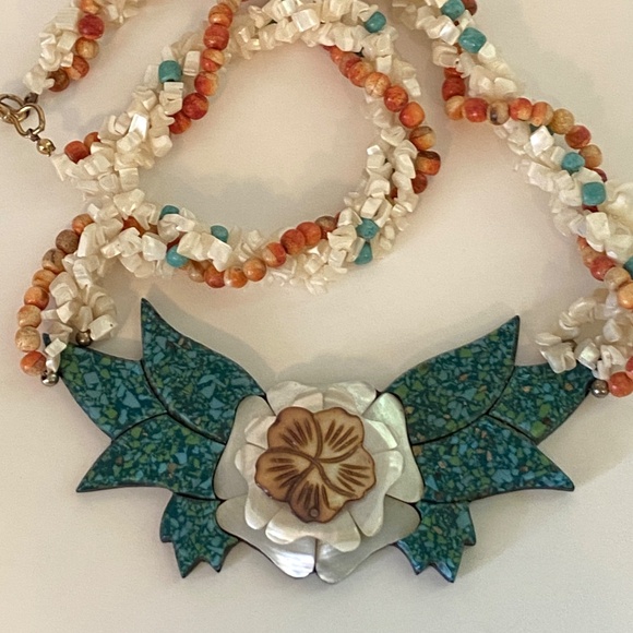 Vintage Tropical Floral Statement Necklace 24” Mother of Pearl Tiki Retro - Picture 4 of 8